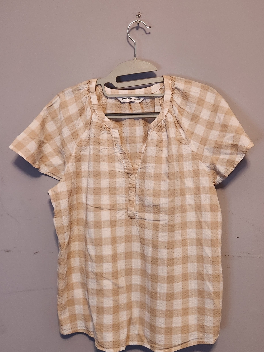 Sonoma Beige & White Plaid Short-Sleeve Tunic